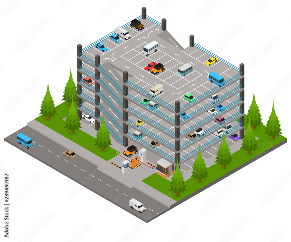 Poster Multi Storey Car Park Concept 3d Isometric View. Vector