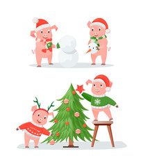 New Year Pig Couples, Christmas Tree and Snowman