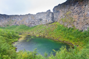 Fototapeta na wymiar Asbyrgi glacial canyon and Botnstjorn lake, Iceland
