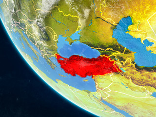Turkey on planet Earth from space with country borders. Very fine detail of planet surface and clouds.
