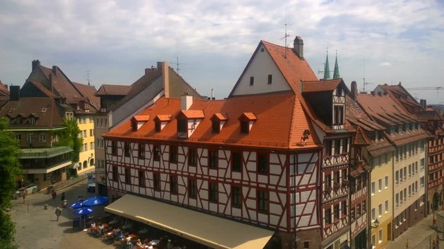Beautiful view of the old quarters from the castle wall of the city of Nuremberg. Time lapse. Germany