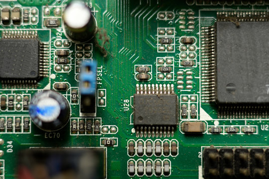 Close-up of electronic chip in desktop computer motherboard circuit.