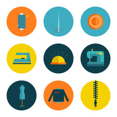 Sewing flat icons isolated on white background. Collection of Sewing needle with thread, Button, Iron, Sewing machine, Mannequin, Sweater and Zipper. Simple sign symbol in flat style. 