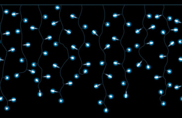 Светящаяся голубая праздничная светодиодная гирлянда на веревке, бесшовный векторный рисунок на темном фоне
