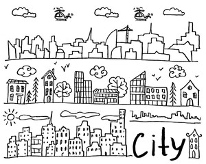 Set of hand drawn doodle cities. Street with houses and trees. Collection of design elements