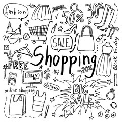 Set of hand drawn doodle shopping and fashion icons. Collection of design elements © mkvolkova