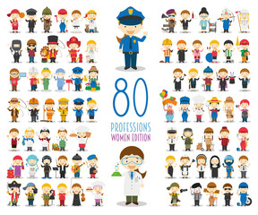 Kids Vector Characters Collection: Set of 80 different professions in cartoon style. Women Edition. - obrazy, fototapety, plakaty