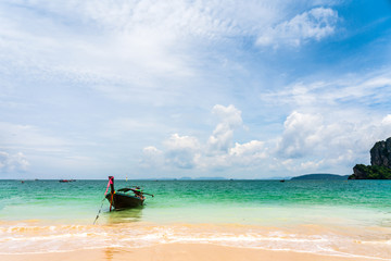 Fototapeta na wymiar Take a longtail boat Sunshine at Sand and Sea Asia Beach PP Island, Krabi, Phuket, Thailand Destinations Beautiful Tropical Ocean Summer view