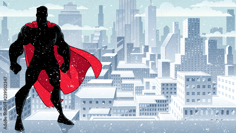 Poster Silhouette of superhero standing tall on winter city background with copy space.