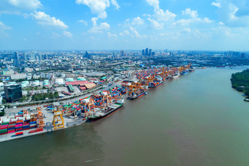 TOP VIEW, Aerial View of Industrial port with containers ship, business logistics concept, Aerial view from drone.