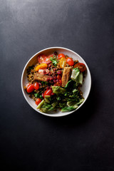 Vegetarian lentil salad with fried cheese, greens and fresh vegeables