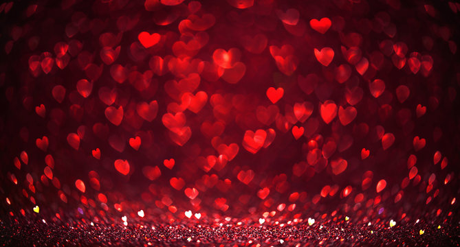 Red Glitter With Sparkle Of Lights And Hearts Bokeh Effect