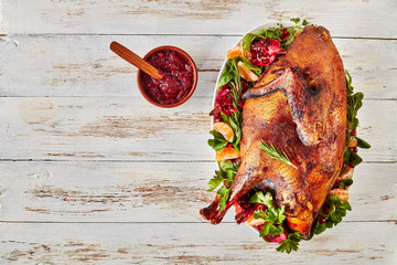 overhead view of whole roasted free-range turkey