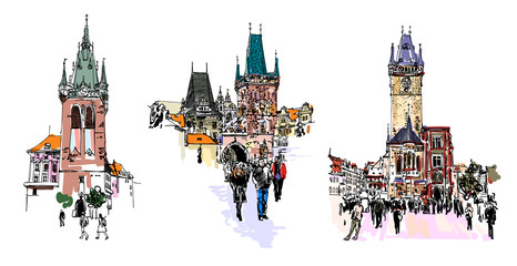 set of three Prague landmark sketch drawing isolated on white,