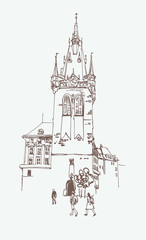 digital drawing of a historical tower in Prague, Czech Republic