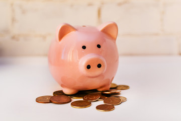 pink piggy Bank with Russian coins on white background