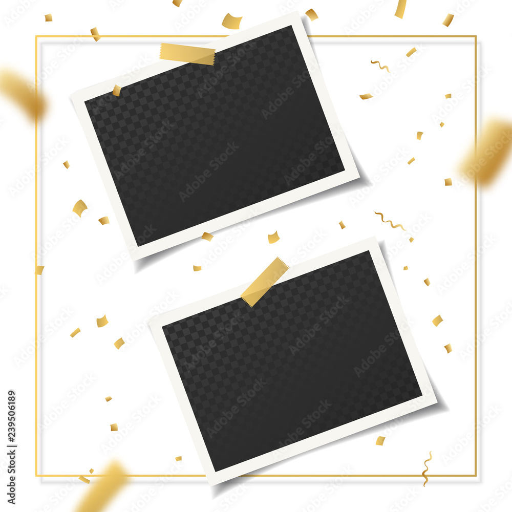 Aufkleber set of vintage photo frames with adhesive tape, golden confetti and gold square 3d frame. vector ill