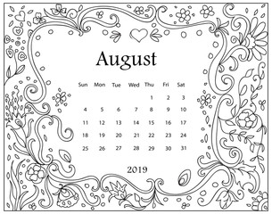 Adult coloring page with monthly calendar of 2019 year isolated on white background drawing doodles frame 
