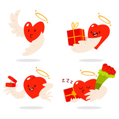 Fototapeta premium Cute hearts characters with angel wings and halos in different actions: with gift box, flower bouquet and wedding ring. Valentine day vector cartoon concept illustration.