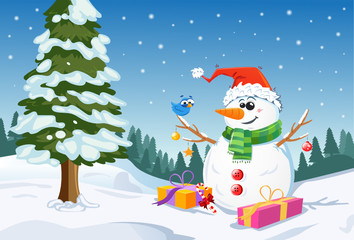Happy snowman in Christmas and new year snow scene