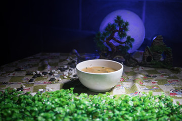 Close up view of plate with japanese food inside. Japan traditional food on wooden table.