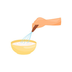 Hand cooking the dough in a bowl with a whisk vector Illustration on a white background