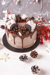 Christmas  cake with flowers and chocolate. Wedding details - wedding cake.  Winter cake with cones