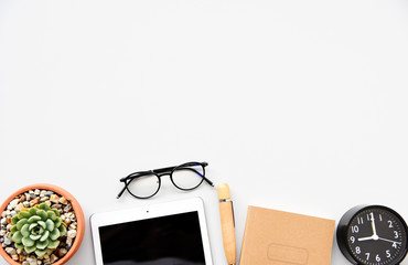 Office table with keyboard,mouse,Notebook,pen and cactus, copy space,Top view, flat lay,minimal style