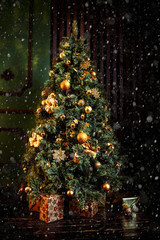 green Christmas tree decorated with Golden yellow cones ornaments near the brown wall in the dark with gifts boxes on wooden black floor