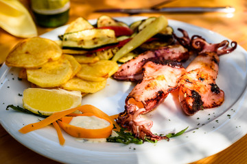 Grilled squid with potato chips, vegetables on a white plate.