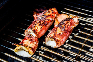 Grilling squid or cuttlefish on a coal barbecue grill.