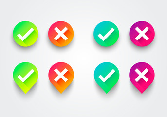 Vector Illustration colorful gradient check box list icons set. Green checkmark OK and red X, Tick and Cross Signs, YES and NO button for vote