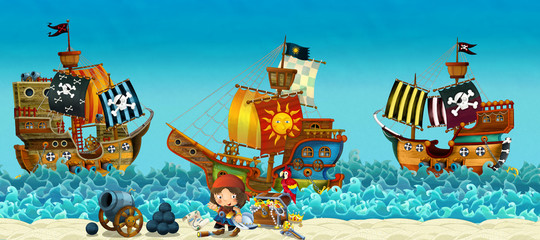 Cartoon scene of beach near the sea or ocean - pirate captain on the shore and treasure chest - pirate ships - illustration for children