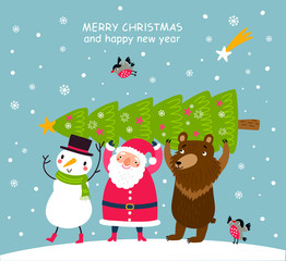 Christmas Poster with Santa and cute characters