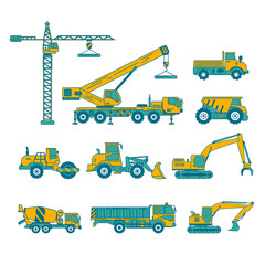 vector of construction machinery comprising with crane, excavator, bulldozer, tractor and truck in flat design for industrial infographic