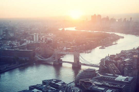 Sunrise, London Aerial View With Tower Bridge, UK