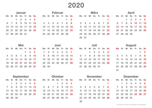 Kalendervorlage 2020, einfach, Querformat