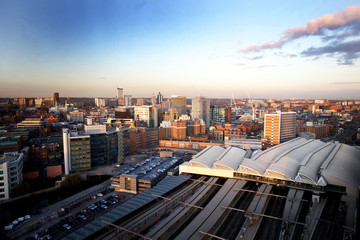 Aerial view of Leeds City centre with main train station ready for stage two of the HS2 project
