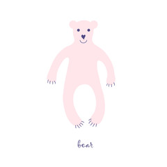 Cute bear vector color characters set. Sketch bear pastel pink colour. Forest animal doodle drawing, isolated scandinavian cartoon kids book, textile, sticker, for web