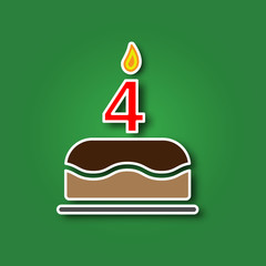 Birthday cake with a candle in the form of a number 4, in the form of a sticker with a shadow icon. Happy Birthday concept symbol design. Stock - Vector illustration can be used for web.