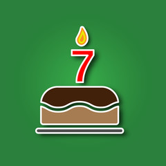Birthday cake with a candle in the form of a number 7, in the form of a sticker with a shadow icon. Happy Birthday concept symbol design. Stock - Vector illustration can be used for web.