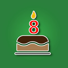 Birthday cake with a candle in the form of a number 8, in the form of a sticker with a shadow icon. Happy Birthday concept symbol design. Stock - Vector illustration can be used for web.
