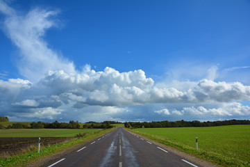 Two-lane asphalt country road, leaving beyond the horizon. Landscape with view of non urban driveway, green ..field, trees and blue sky with white clouds. Autumn landscape on a sunny clear day.