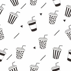 Black and White Seamless Pattern With Soft Drink Cup Vector 