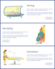 Tanning and Hair Styling Style Posters Set Vector