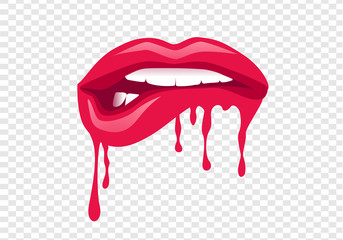 Vector illustration with parted lips. Sexy woman lips. Dripping with red paint lips. Red drops on white background