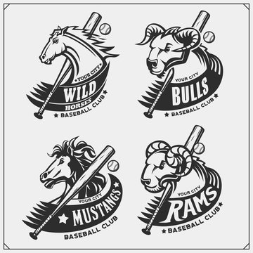 Baseball badges, labels and design elements. Sport club emblems with ram, bull and horse. Print design for t-shirts.