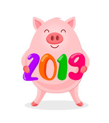 Cute pig smile with 2019. Happy New year concept. Animal character design. Vector illustration isolated on white background.