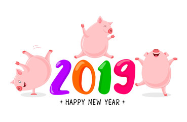 Set of funny cute cartoon pig dancing. Character design.  Happy New Year concept. Vector illustration isolated on white background.
