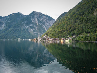 Fototapeta premium Hallstatt, Austria, summer aerial view of beautiful alpine village